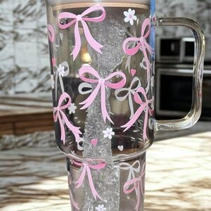 Clear Glass Mug with Pink and White Bow Design